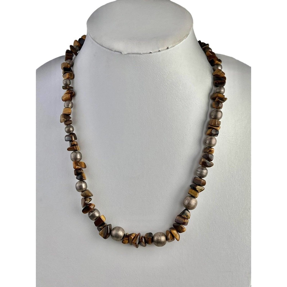 Vintage Sterling Silver Mexico Tiger's Eye Beaded Necklace 22.25"